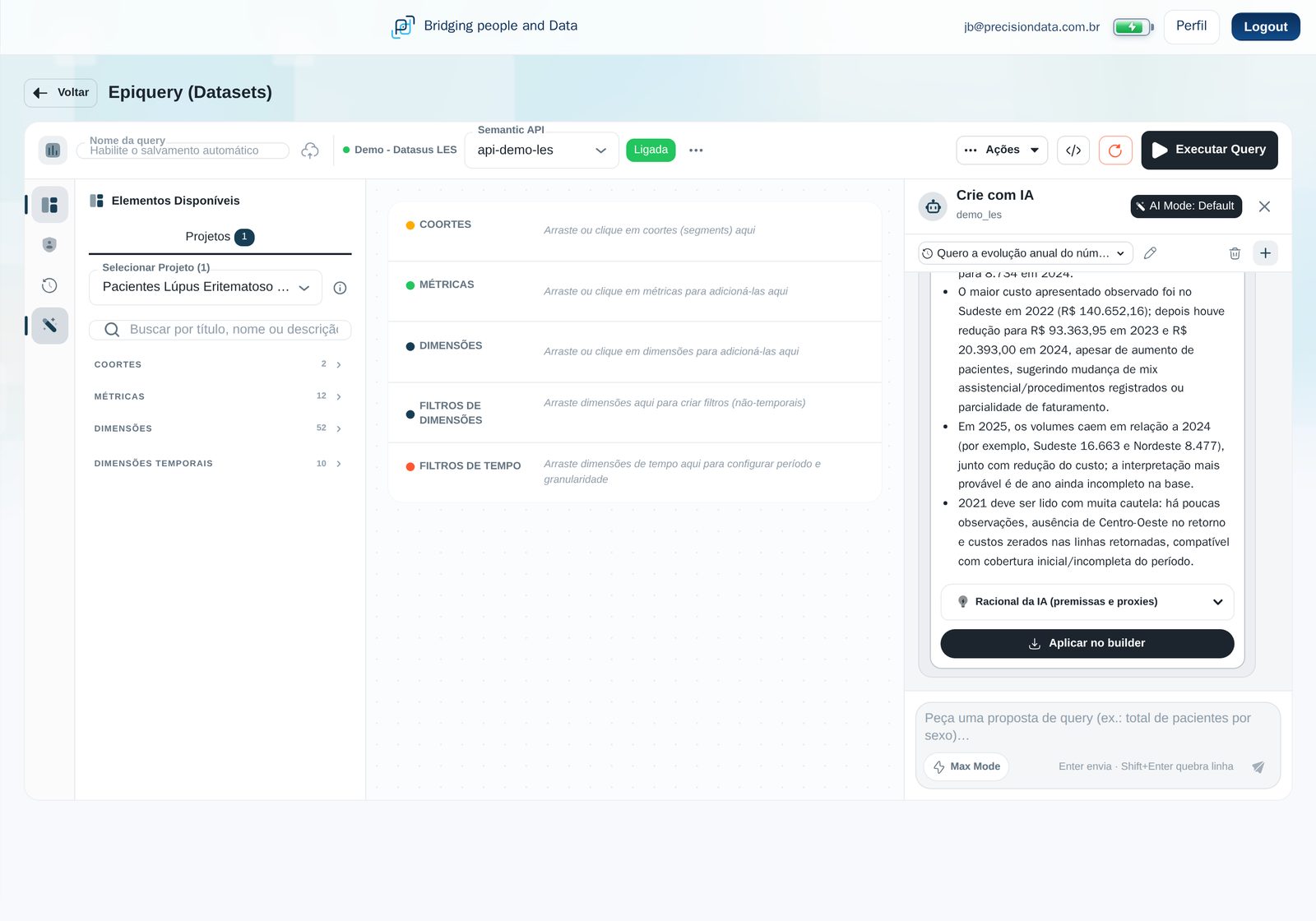 Crie com IA no Epiquery: proposta de query com racional da IA e botão Aplicar no builder