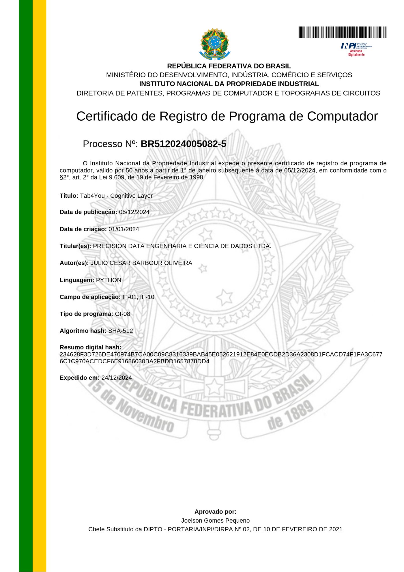 Certificado de registro do programa Tab4u Cognitive Layer