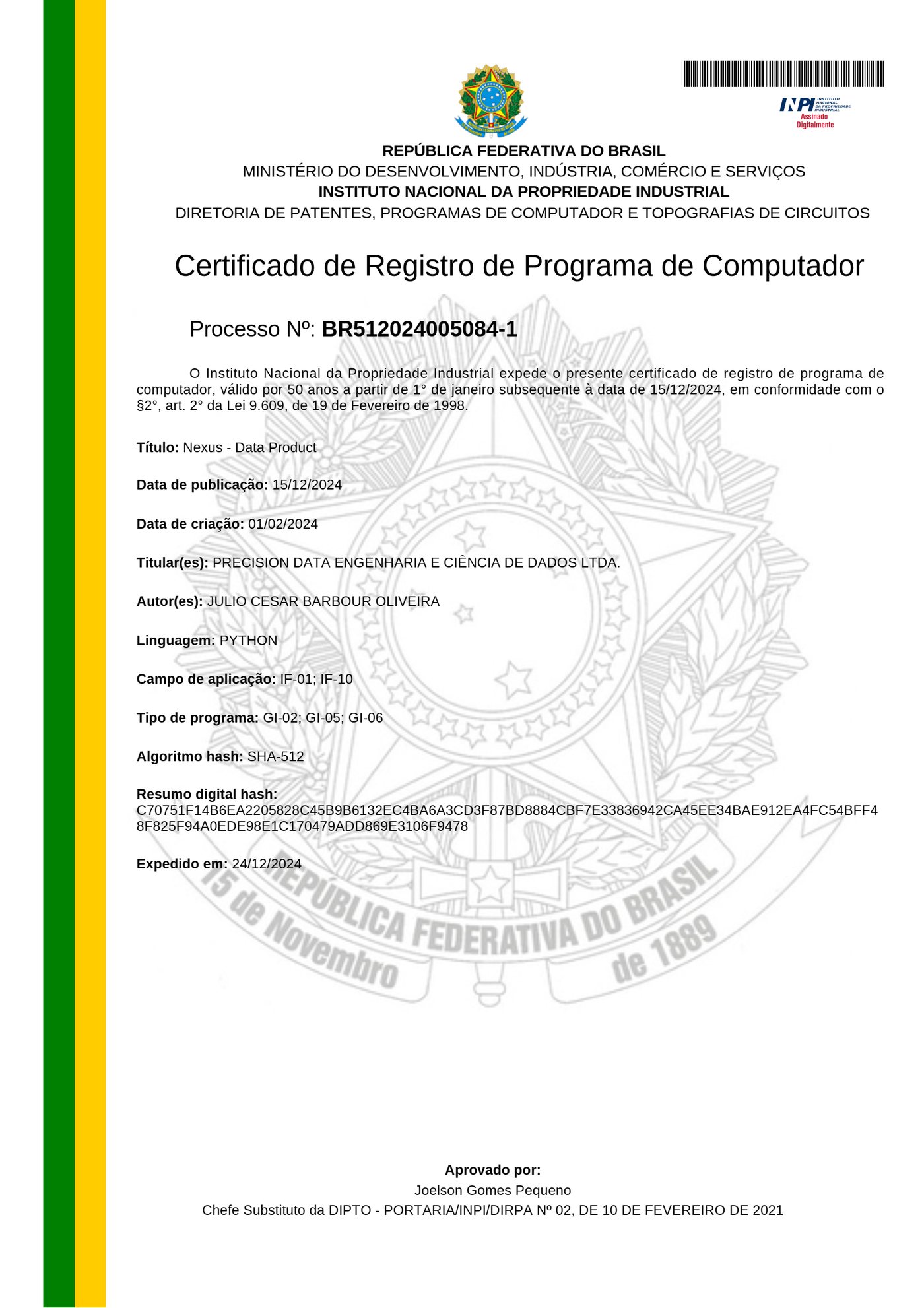Certificado de registro do programa Nexus Data Product