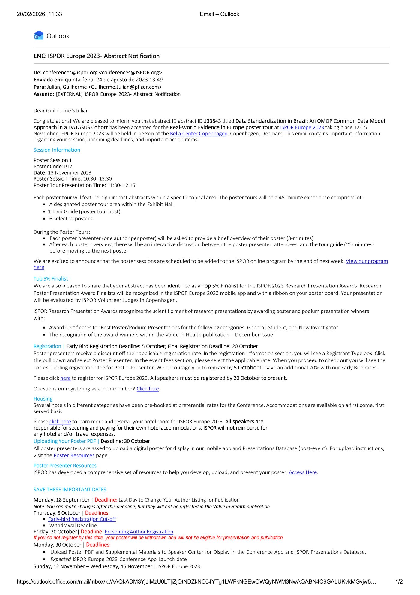 ISPOR Europe 2023 Top 5% Finalist notification